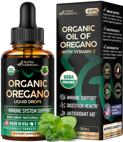 USDA Organic Oil of Oregano Drops with Vitamin E – Immune Support, Digestion Health & Antioxidants | Made in USA