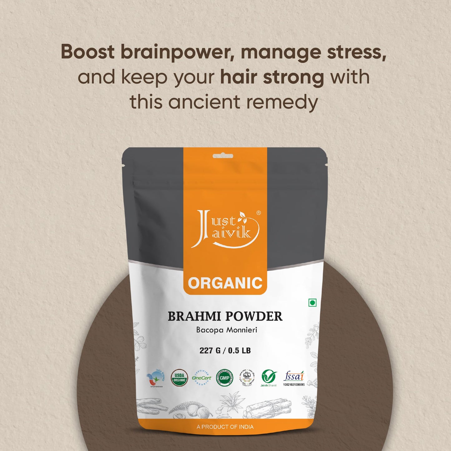 Just Jaivik Organic Brahmi Powder – Bacopa Monnieri, USDA Organic, 227 g