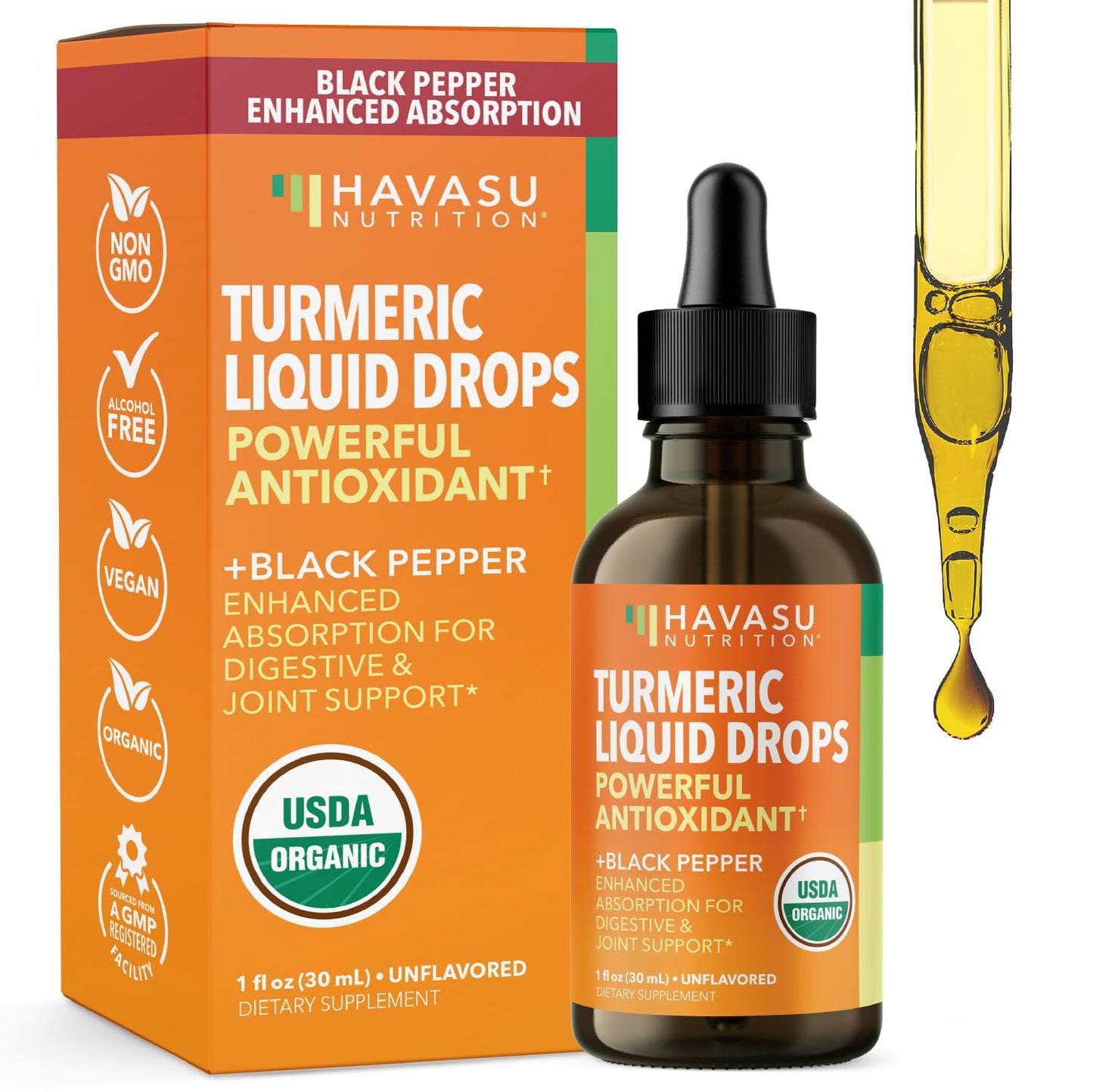 USDA Organic Turmeric Liquid Drops with Black Pepper – 1000mg Curcumin, 1oz