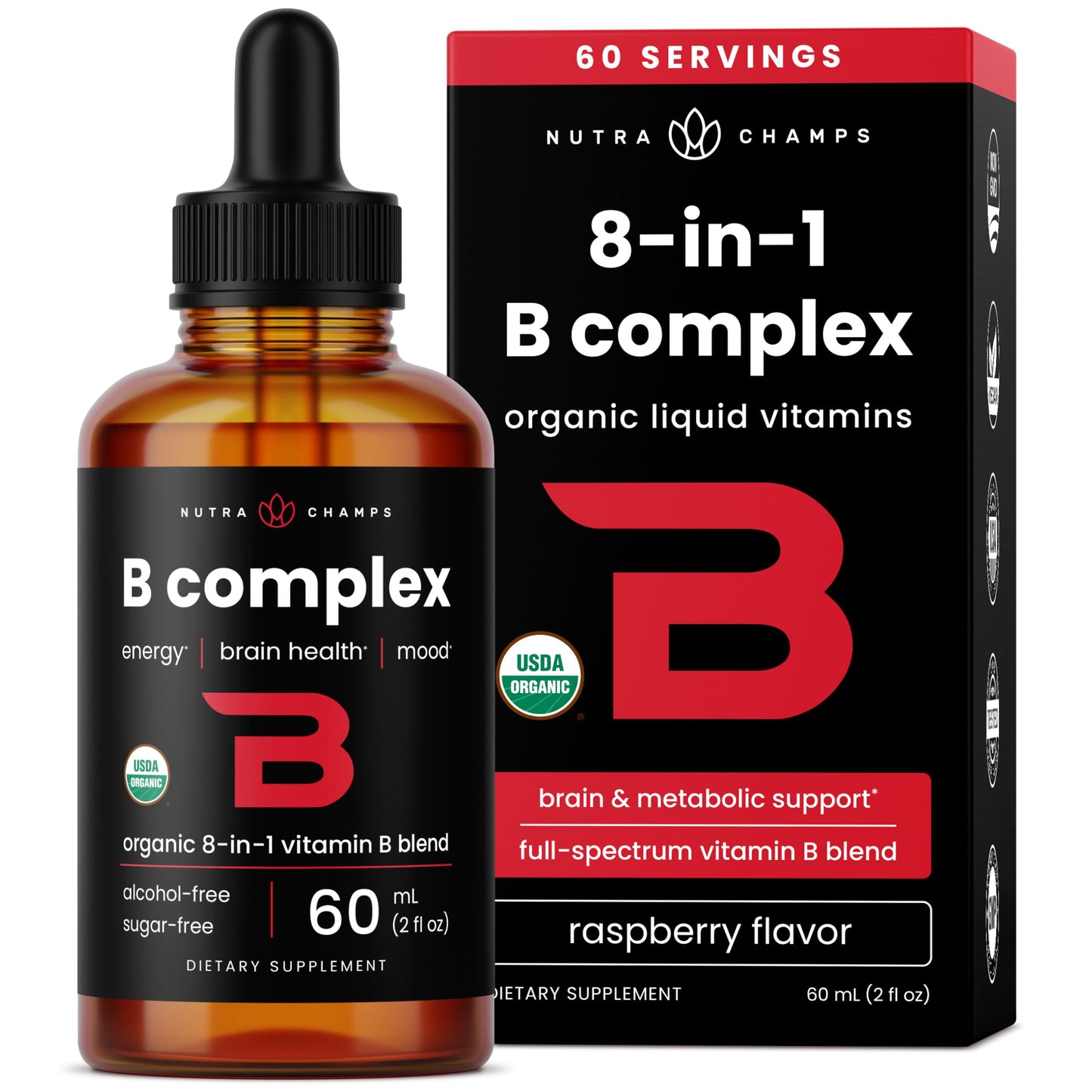 USDA Organic Vitamin B Complex Liquid Drops – Vegan Berry, 2oz (60 Servings)