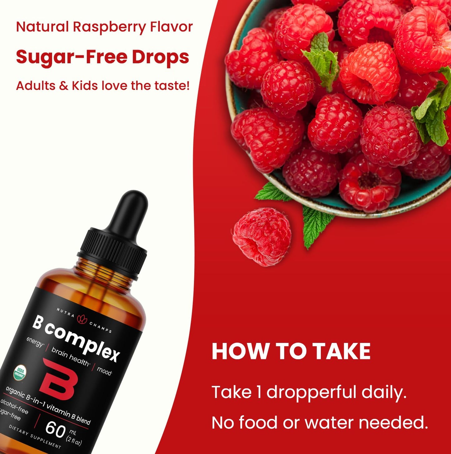 USDA Organic Vitamin B Complex Liquid Drops – Vegan Berry, 2oz (60 Servings)