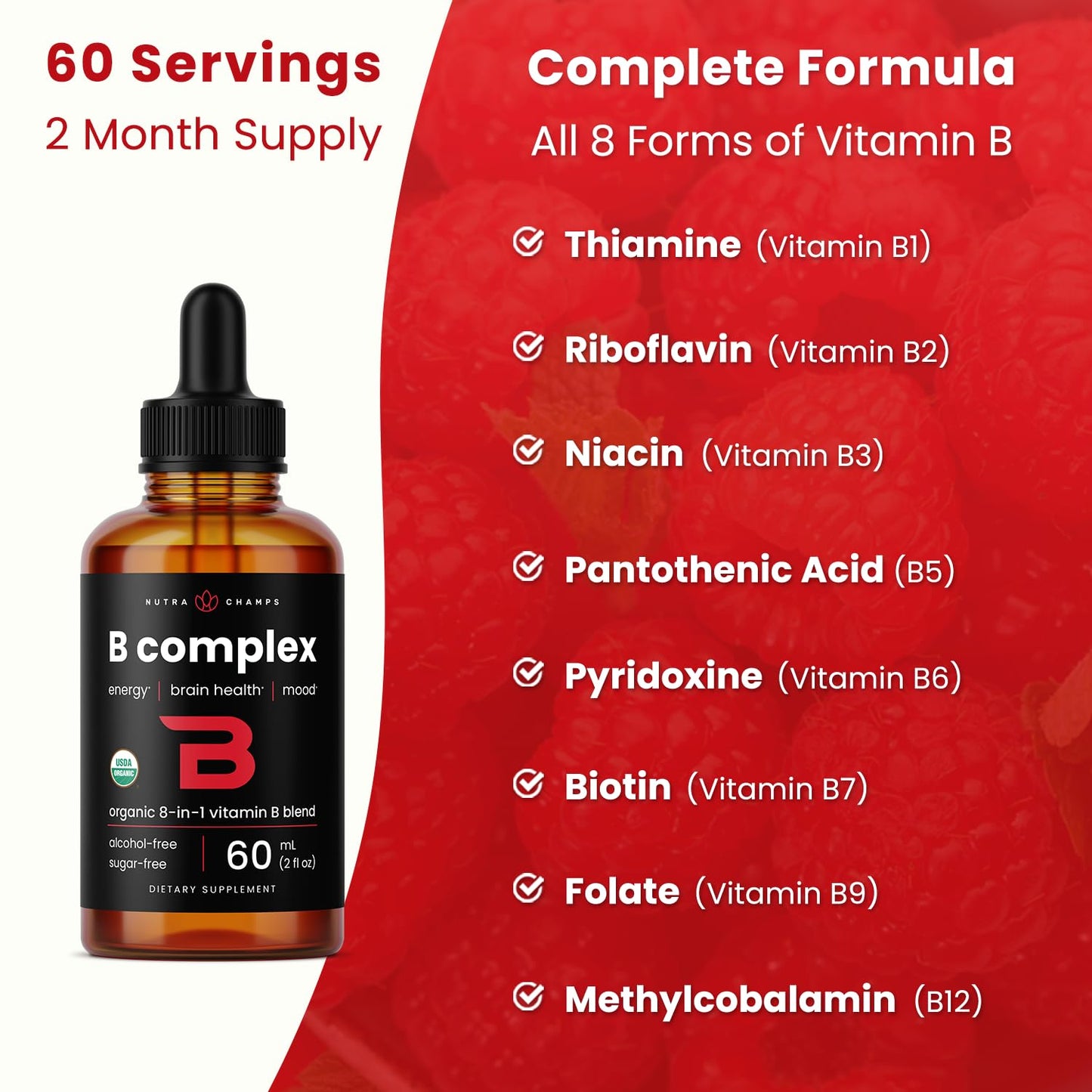 USDA Organic Vitamin B Complex Liquid Drops – Vegan Berry, 2oz (60 Servings)