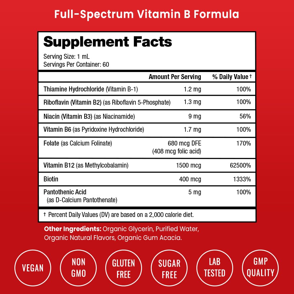 USDA Organic Vitamin B Complex Liquid Drops – Vegan Berry, 2oz (60 Servings)
