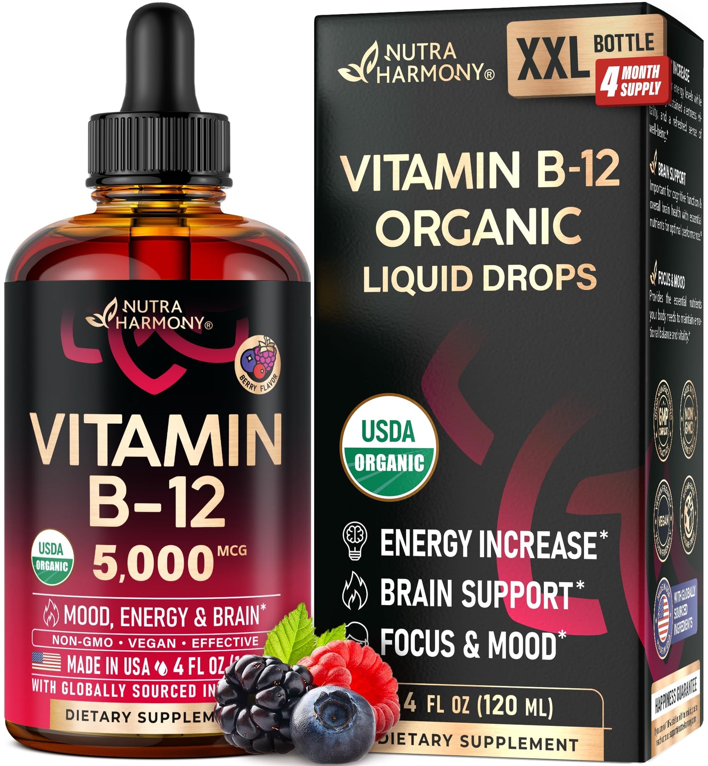 USDA Organic Vitamin B12 Sublingual Drops – 5000 mcg, 4 oz, 4 Month Supply