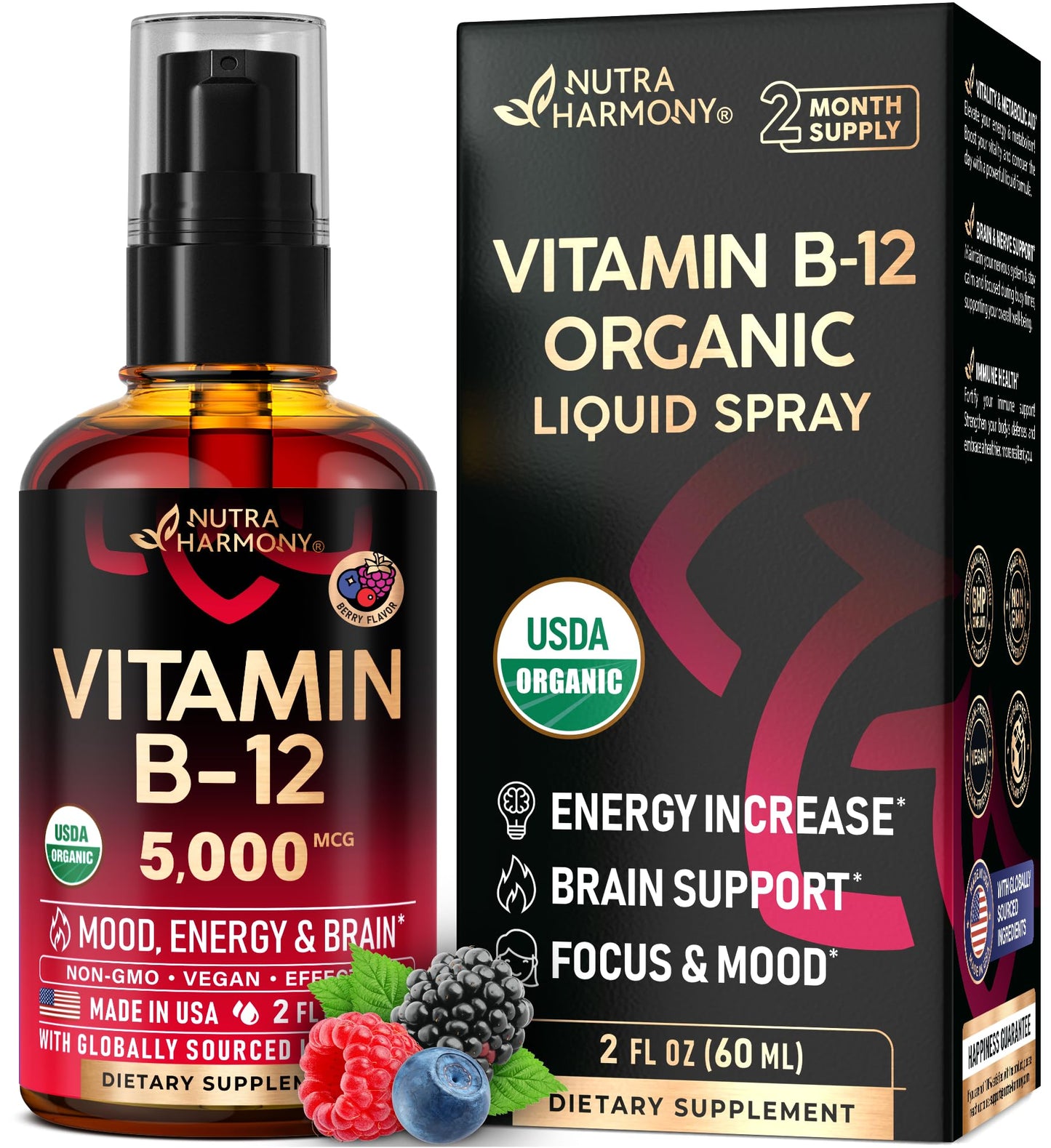 USDA Organic Vitamin B12 Sublingual Spray 5000 mcg - Vegan Methylcobalamin | 2 fl oz | 2 Month Supply