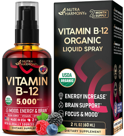 USDA Organic Vitamin B12 Sublingual Spray 5000 mcg - Vegan Methylcobalamin | 2 fl oz | 2 Month Supply