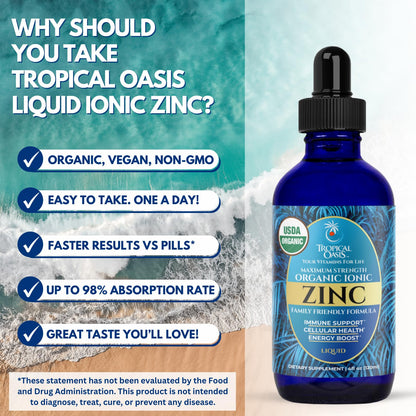USDA Organic Ionic Zinc Drops for Men, Women & Kids | Immune Support & Skin Health | 98% Absorption | 4 Fl Oz