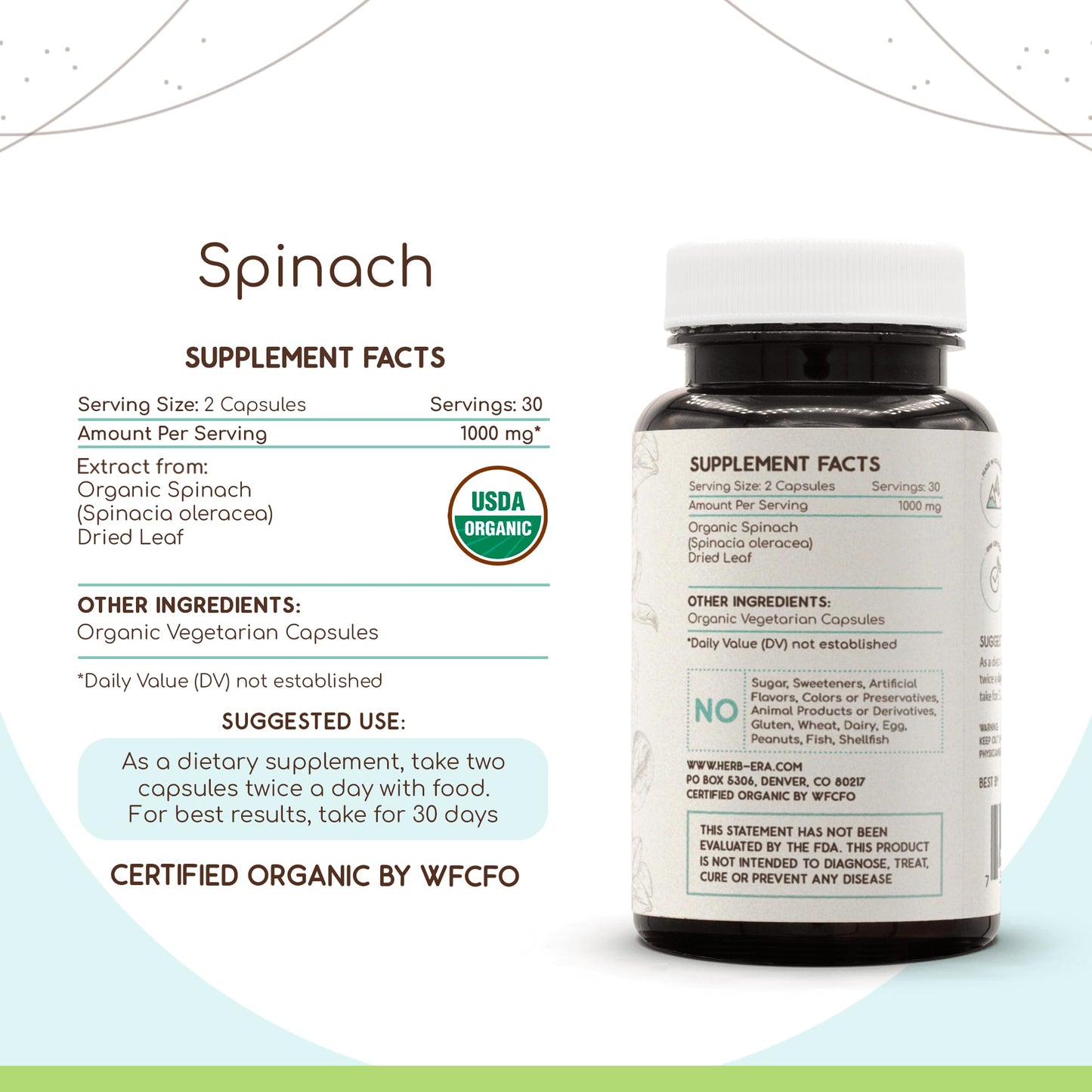 HerbEra Spinach USDA Organic 60 Capsules | Natural Herbal Supplement | Certified Organic Spinach (Spinacia oleracea) Dried Leaf