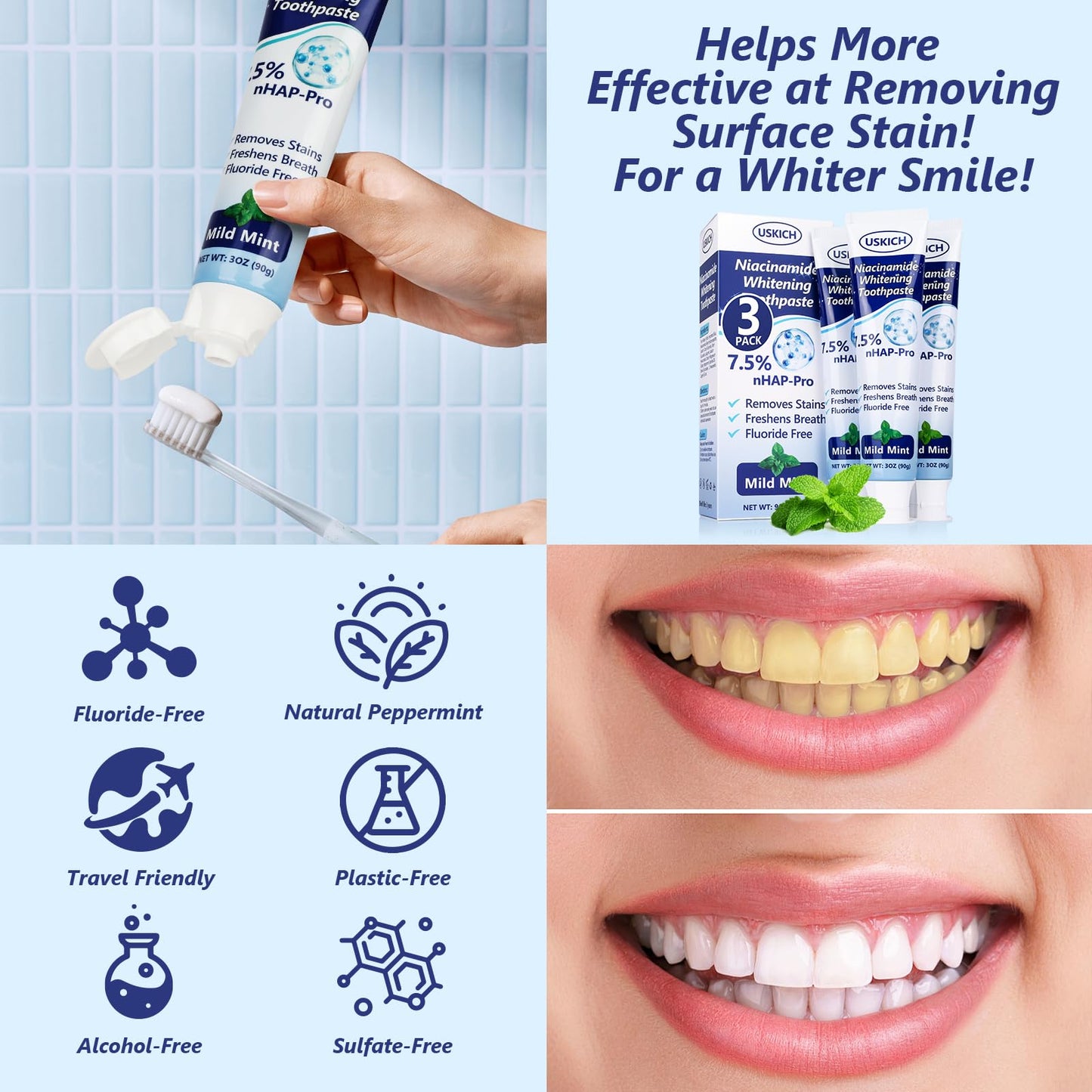 7.5% Nano-Hydroxyapatite Toothpaste 3 Pack – Fresh Breath Whitening, Remineralizes Enamel, Sensitive Relief, Antiplaque, Natural Peppermint, Fluoride-Free