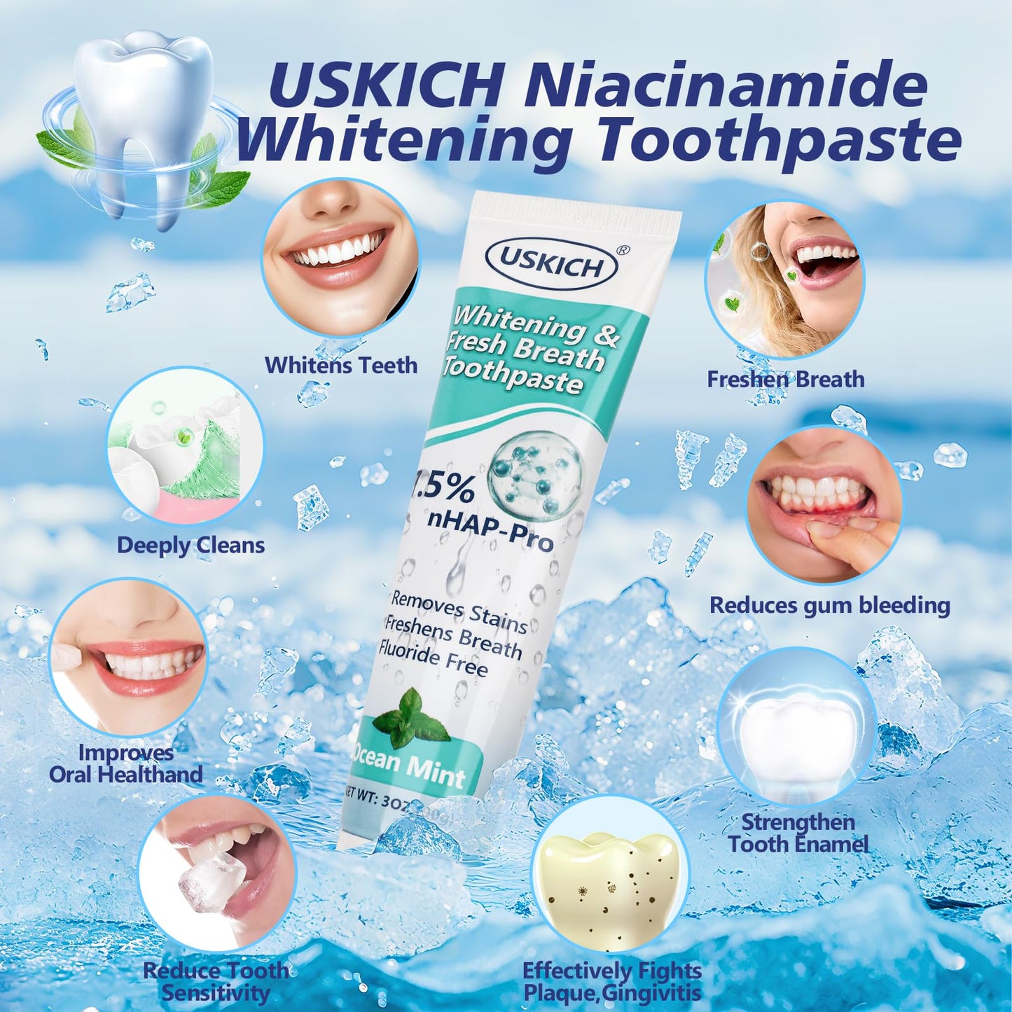 3 Pack Niacinamide Whitening Toothpaste – Nano Hydroxyapatite, Ocean Mint, 3oz Tubes for Sensitive Teeth