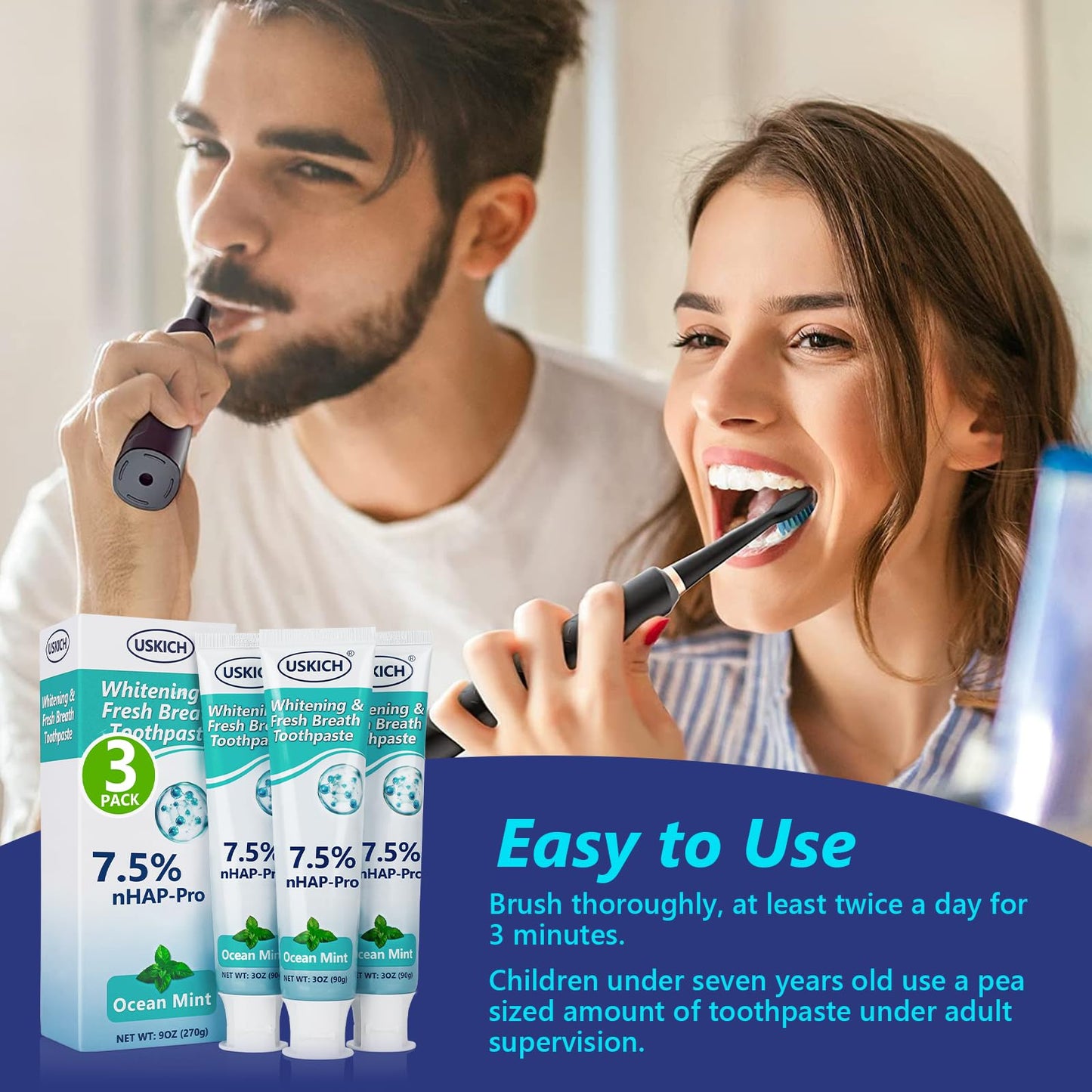 3 Pack Niacinamide Whitening Toothpaste – Nano Hydroxyapatite, Ocean Mint, 3oz Tubes for Sensitive Teeth