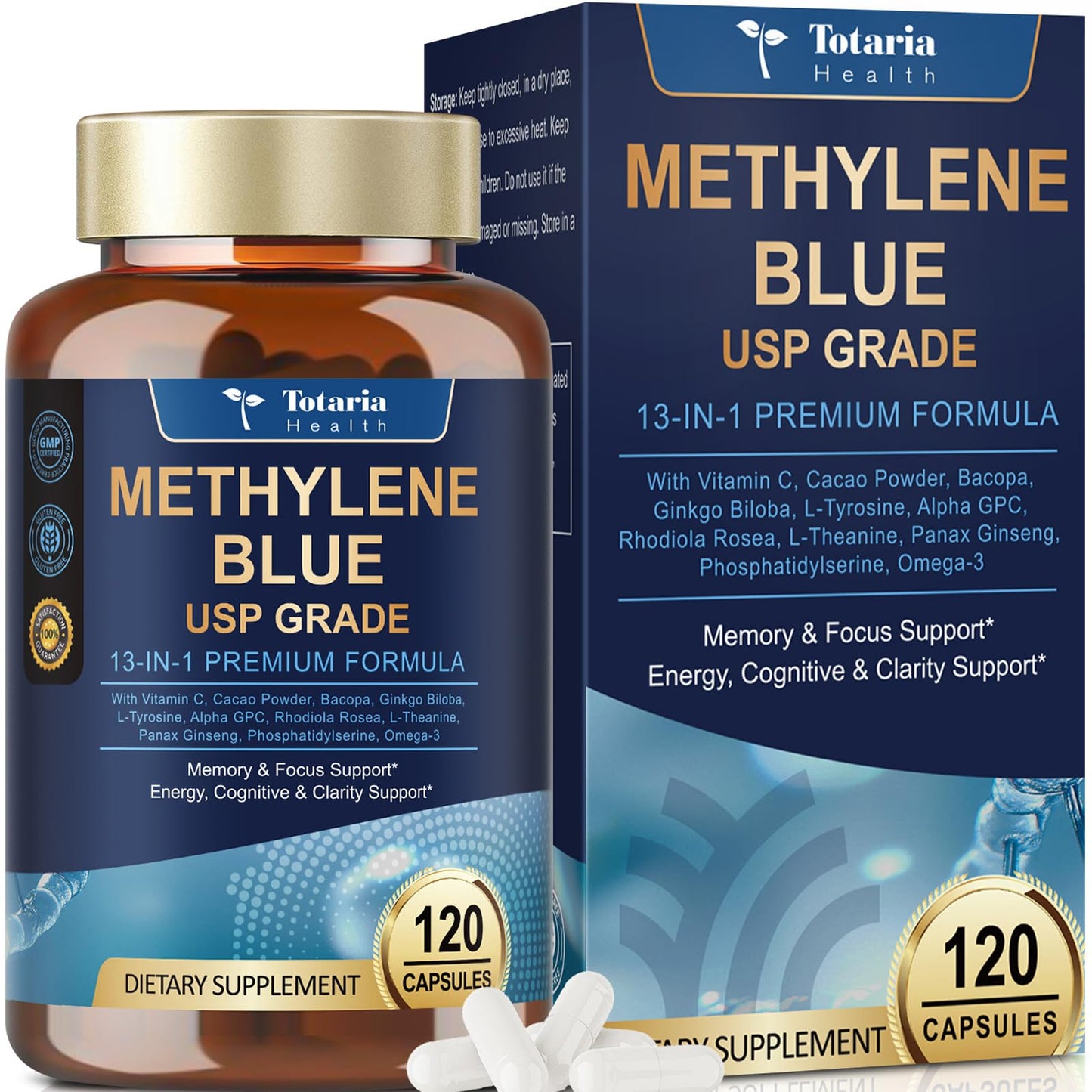 USP Methylene Blue Pharmaceutical Grade 13-in-1 Brain Formula with Vitamin C Ester, Bacopa, Phosphatidylserine, Omega-3 - 120 Count
