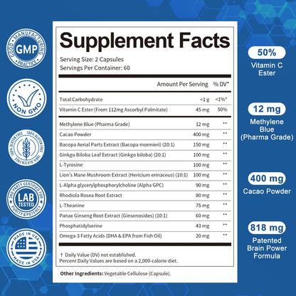 USP Methylene Blue Pharmaceutical Grade 13-in-1 Brain Formula with Vitamin C Ester, Bacopa, Phosphatidylserine, Omega-3 - 120 Count