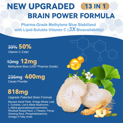USP Methylene Blue Pharmaceutical Grade 13-in-1 Brain Formula with Vitamin C Ester, Bacopa, Phosphatidylserine, Omega-3 - 120 Count
