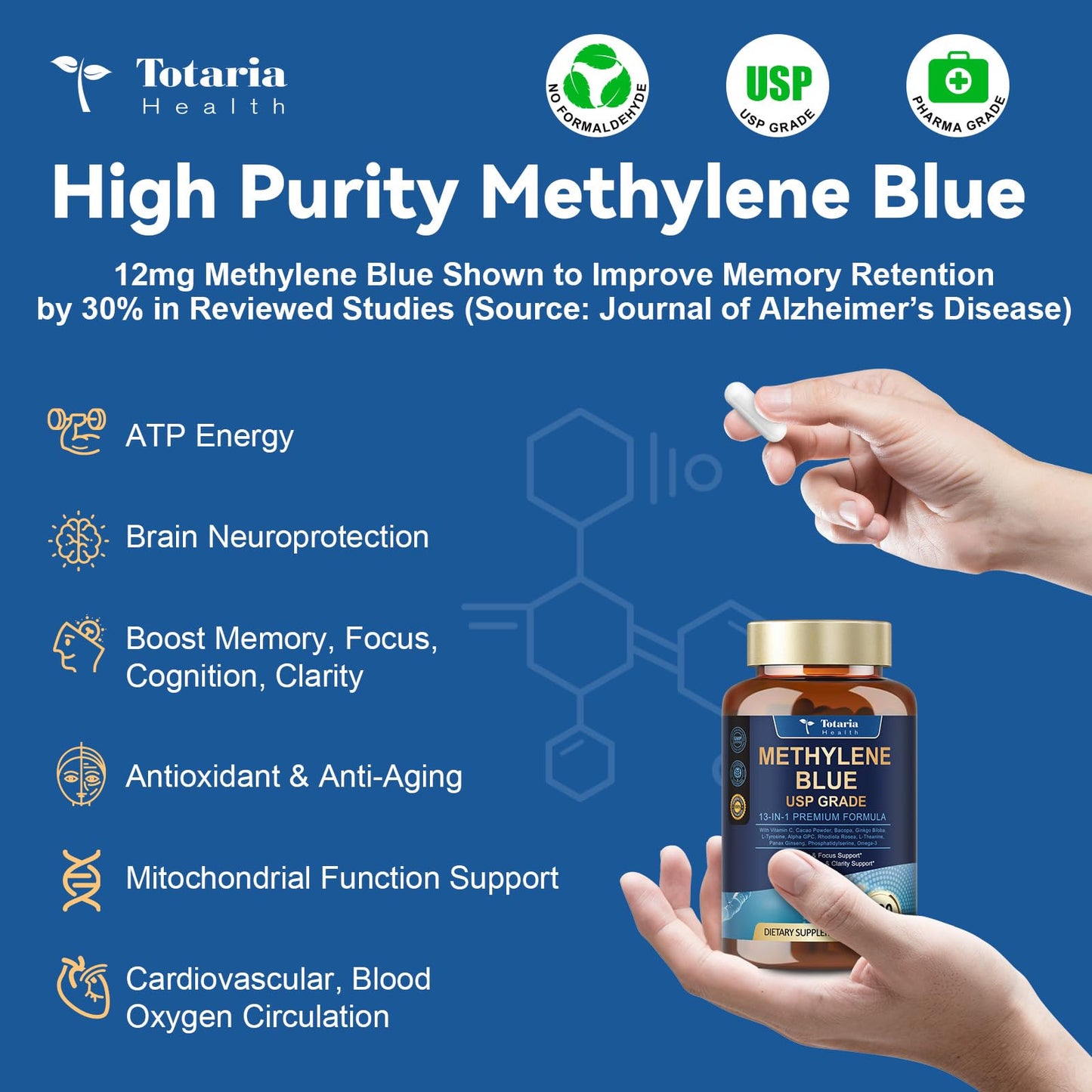 USP Methylene Blue Pharmaceutical Grade 13-in-1 Brain Formula with Vitamin C Ester, Bacopa, Phosphatidylserine, Omega-3 - 120 Count