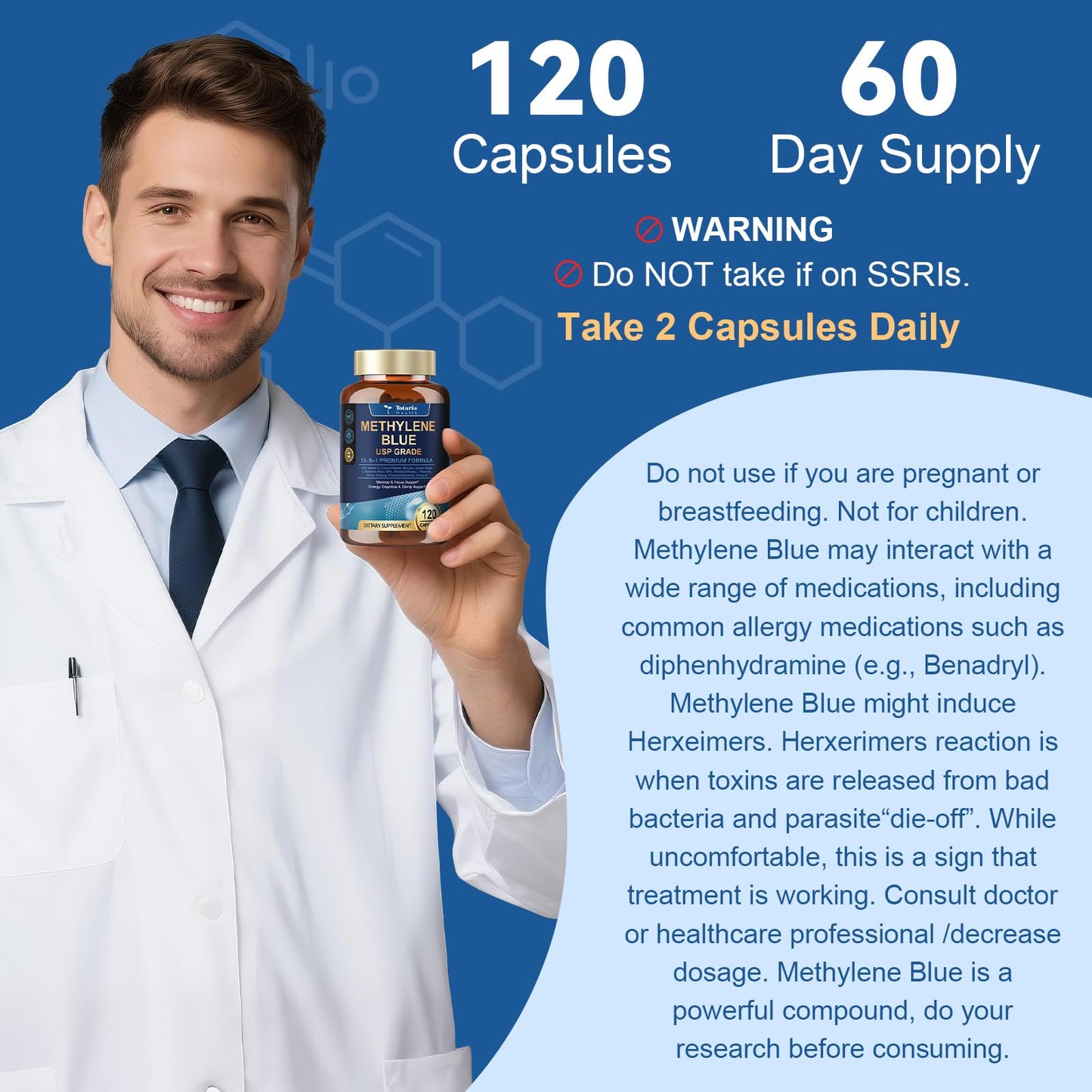 USP Methylene Blue Pharmaceutical Grade 13-in-1 Brain Formula with Vitamin C Ester, Bacopa, Phosphatidylserine, Omega-3 - 120 Count