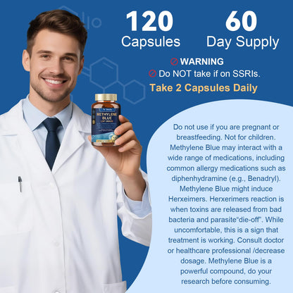 USP Methylene Blue Pharmaceutical Grade 13-in-1 Brain Formula with Vitamin C Ester, Bacopa, Phosphatidylserine, Omega-3 - 120 Count