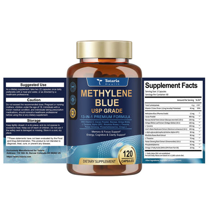 USP Methylene Blue Pharmaceutical Grade 13-in-1 Brain Formula with Vitamin C Ester, Bacopa, Phosphatidylserine, Omega-3 - 120 Count