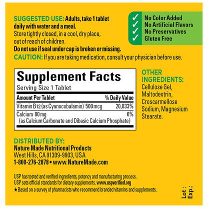 Nature Made Vitamin B12 500 mcg Tablets – Energy Metabolism Support, 100 Count (100 Day Supply)