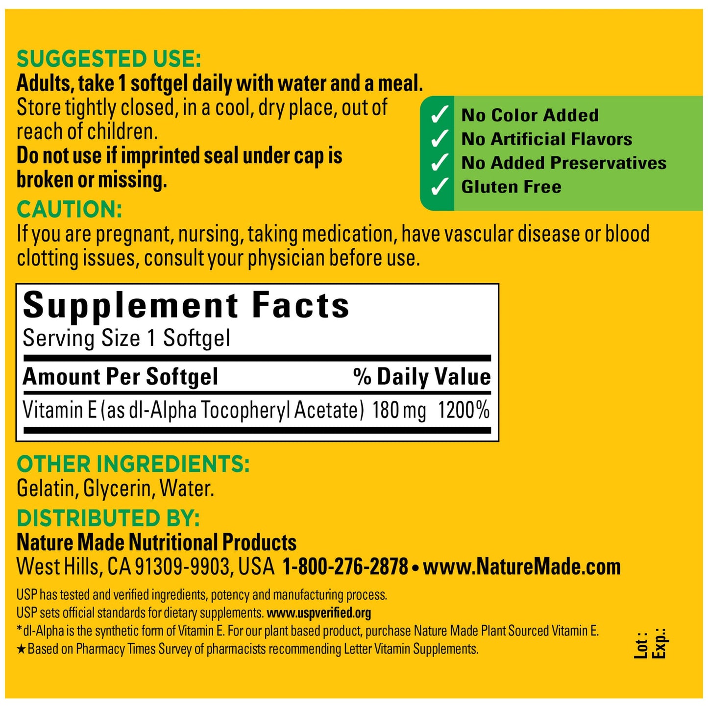 Nature Made Vitamin E 180 mg (400 IU) dl-Alpha Softgels – Antioxidant Support, 300 Softgels