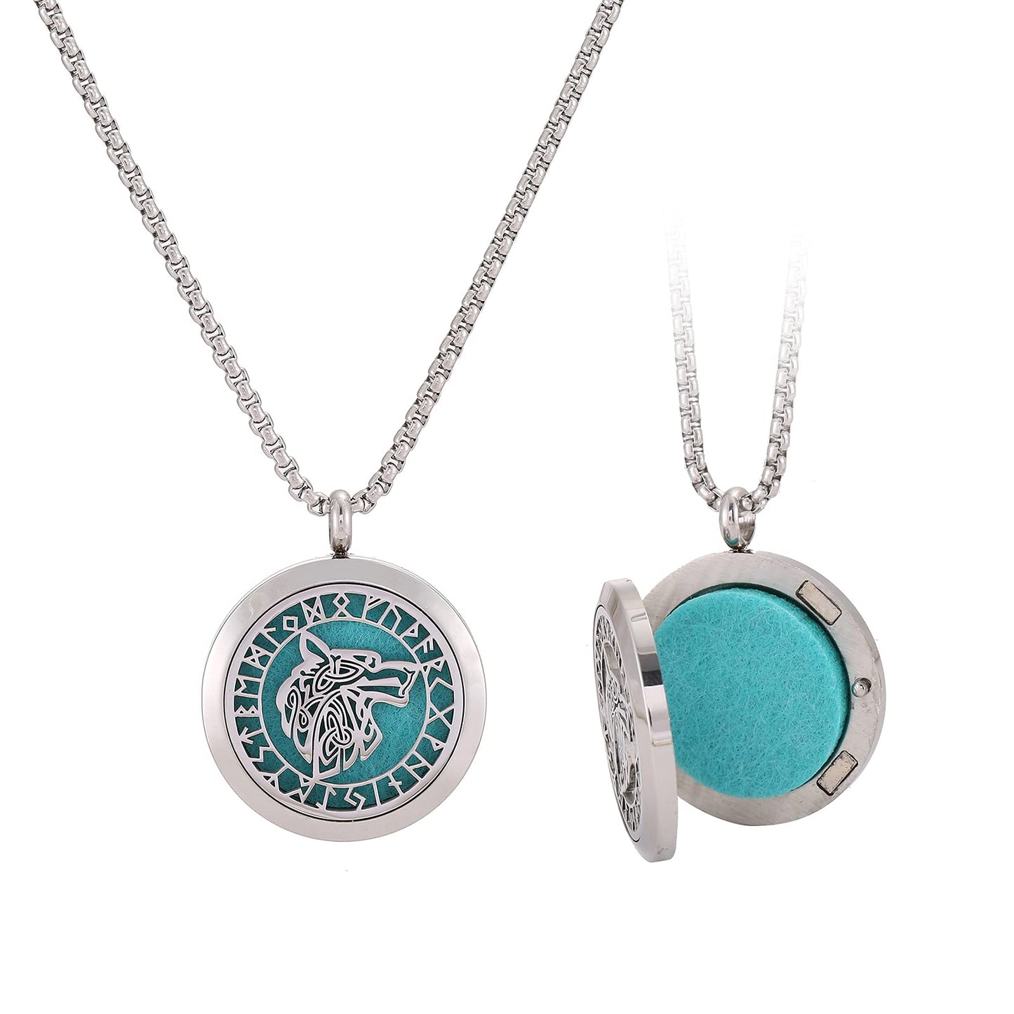 UTHOSMDO Viking Handsome Nordic Diffuser Necklace | Runic Wolf Locket Aromatherapy Jewelry, Stainless Steel