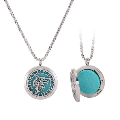 UTHOSMDO Viking Handsome Nordic Diffuser Necklace | Runic Wolf Locket Aromatherapy Jewelry, Stainless Steel