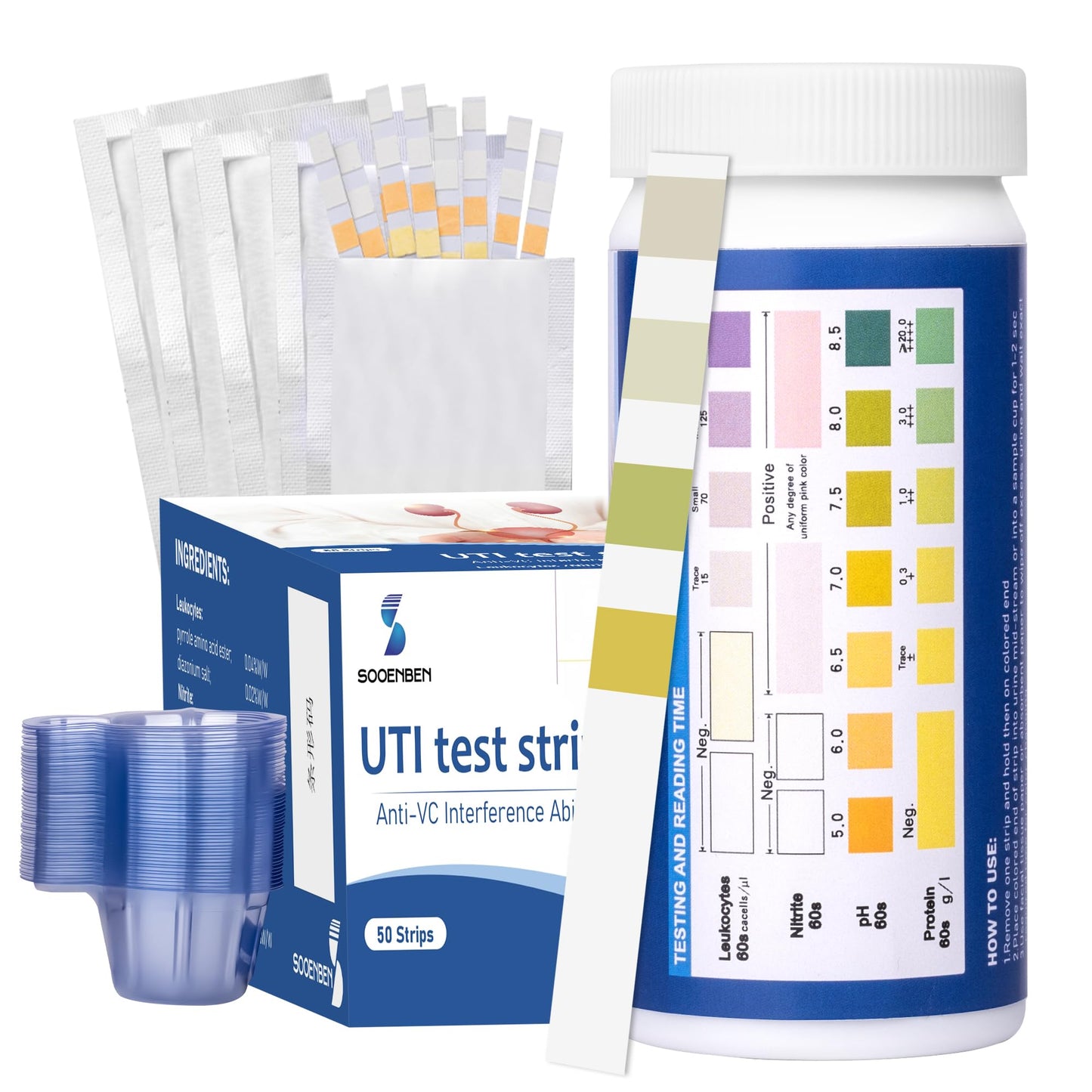 4-in-1 UTI Test Strips – 50ct At-Home Urinalysis (Leukocytes, Nitrites, pH, Protein)