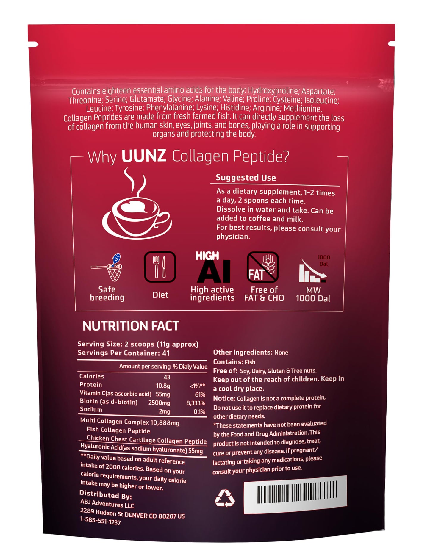 UUNZ Multi Collagen Powder I-V-X | Biotin, HA, Vitamin C | Unflavored 1lb