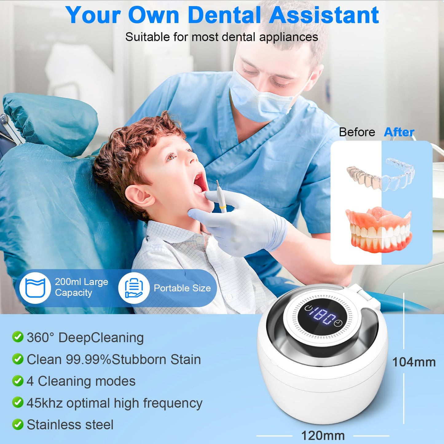 45kHz Ultrasonic Retainer Cleaner - 200ml, 4 Modes, Digital Timer