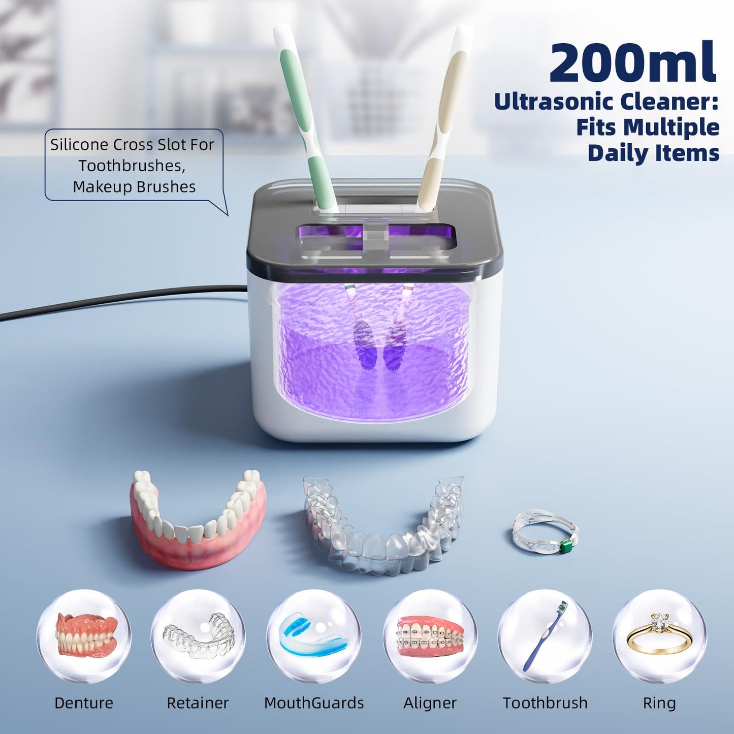 Ultrasonic Retainer Cleaner Machine 45kHz UV • 200ML • All-in-One Dental & Jewelry Cleaner