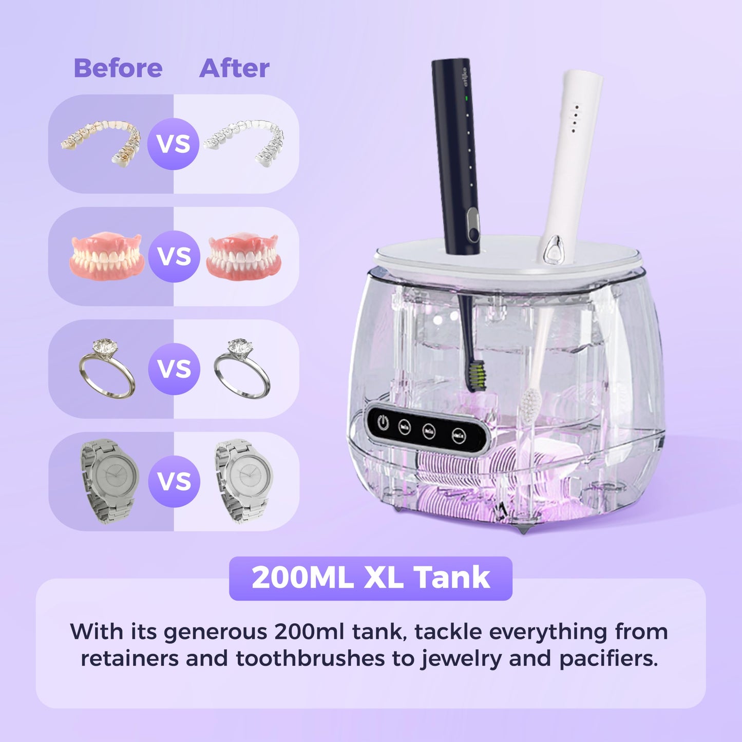 Ultrasonic Retainer Cleaner with UV Sterilizer | 45kHz Dental Cleaning Machine – Portable 200ML W190MAX (White)