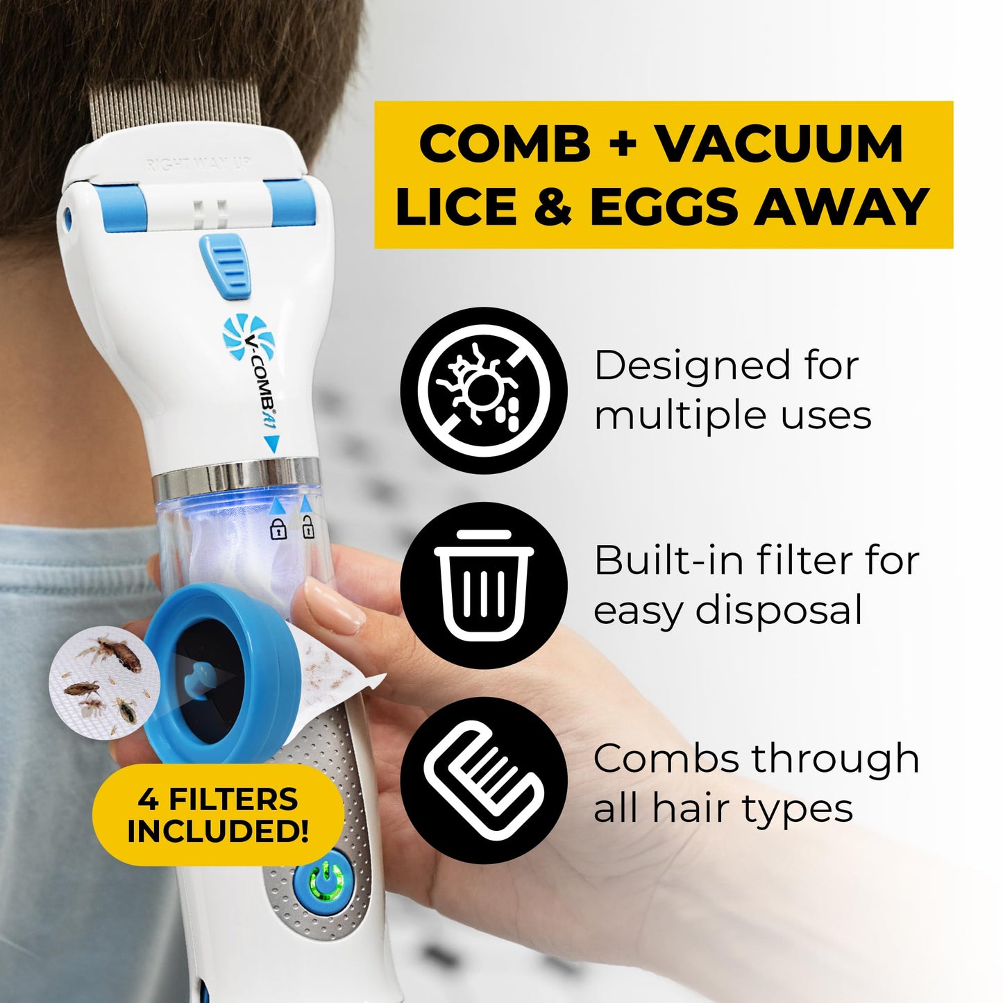 V-COMB A1 Rechargeable Chemical-Free Lice Removal Electric Comb | All Hair Types