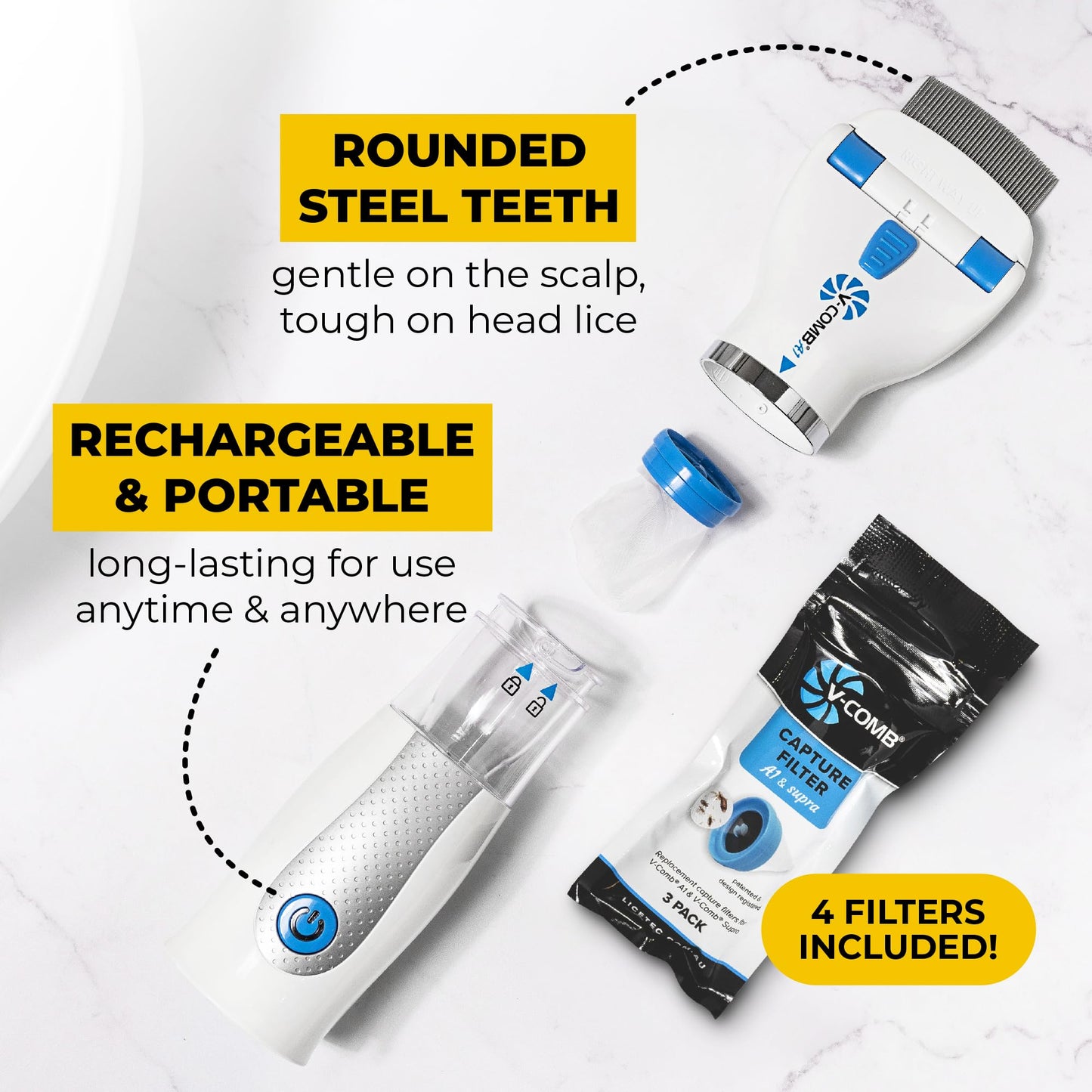 V-COMB A1 Rechargeable Chemical-Free Lice Removal Electric Comb | All Hair Types