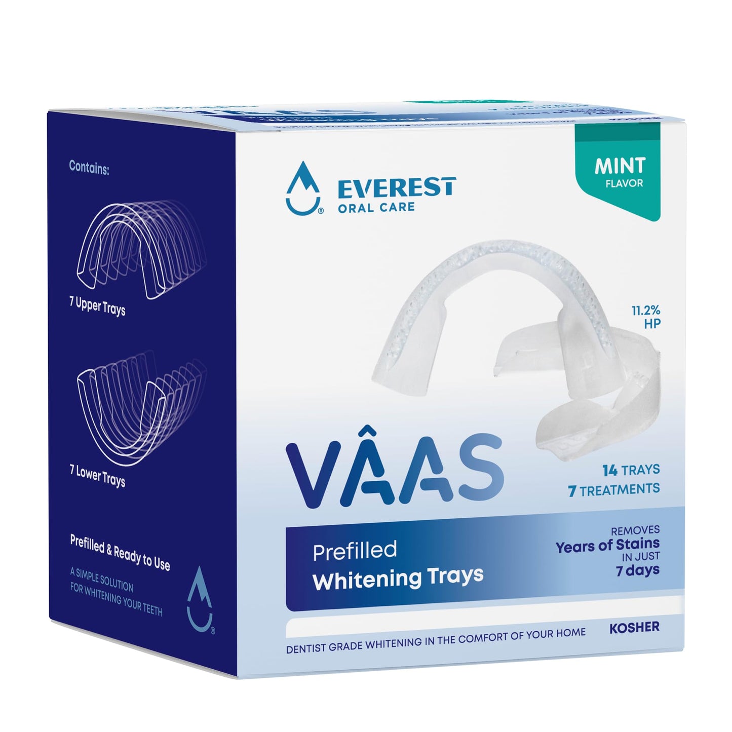 VAAS Prefilled Teeth Whitening Trays 11.2% Hydrogen Peroxide Mint – 14 Pack (7 Treatments) | Kosher by Everest