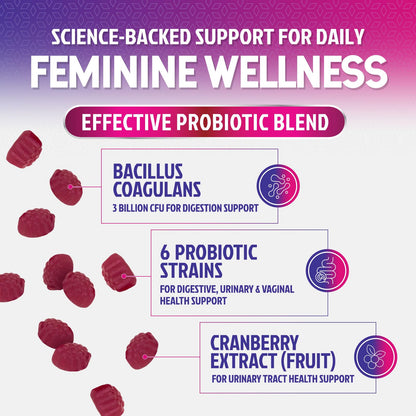 Probiotics for Women Gummies with Cranberry — 3 Billion CFU, 6 Strains, Digestive & Vaginal Health (60 Gummies)