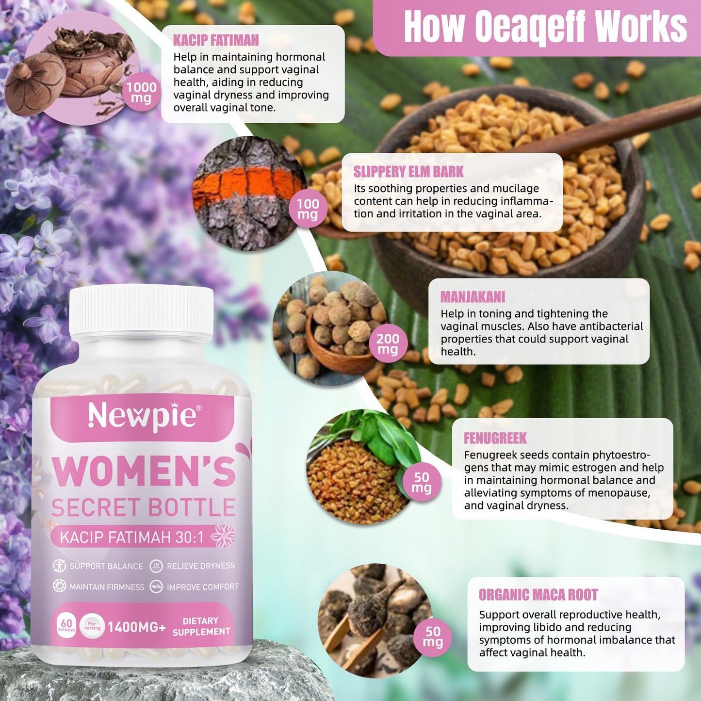 Vaginal Moisturizer Capsules – Kacip Fatimah 1000mg, Manjakni 200mg & Slippery Elm | Vegan, 60 Capsules