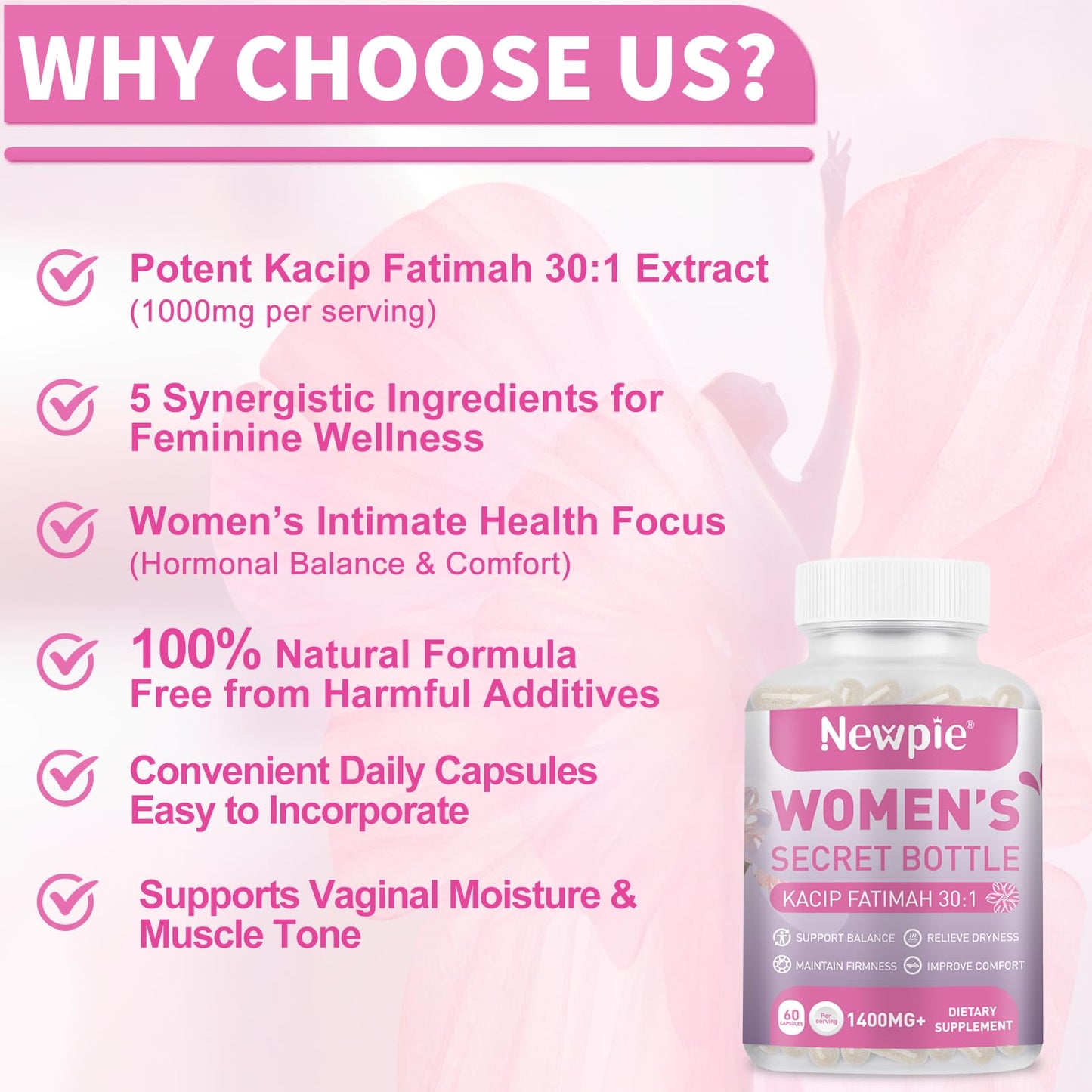 Vaginal Moisturizer Capsules – Kacip Fatimah 1000mg, Manjakni 200mg & Slippery Elm | Vegan, 60 Capsules
