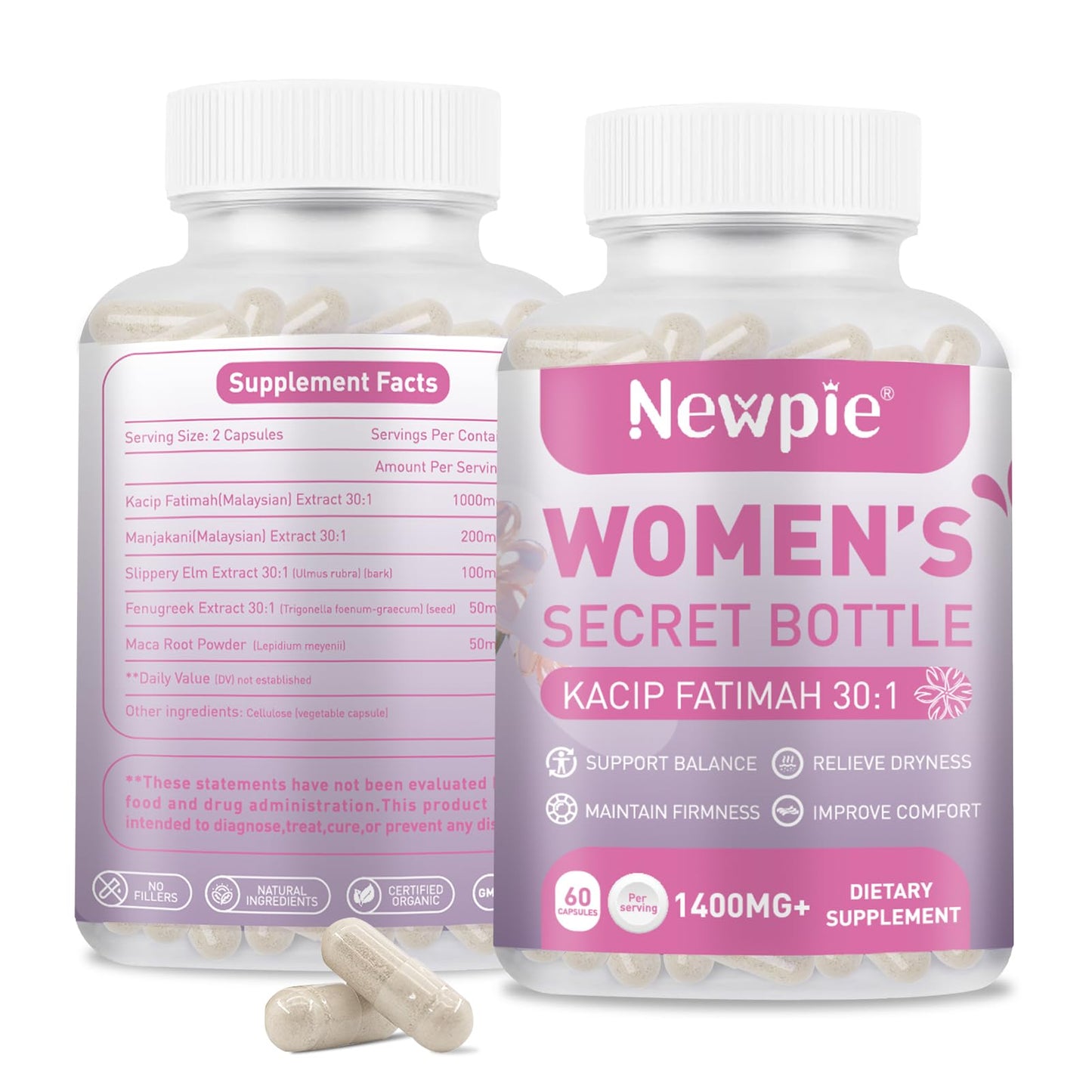 Vaginal Moisturizer Capsules – Kacip Fatimah 1000mg, Manjakni 200mg & Slippery Elm | Vegan, 60 Capsules