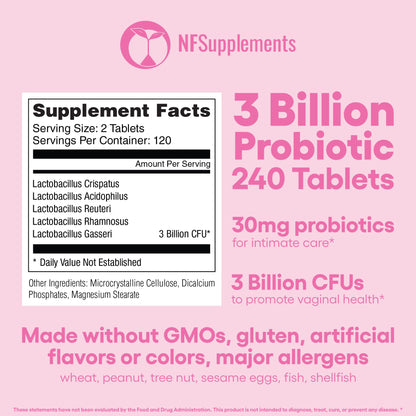 Natural Foundation Vaginal Probiotics – 240 Tablets, 3 Billion CFU | PH Balance & Intimate Flora