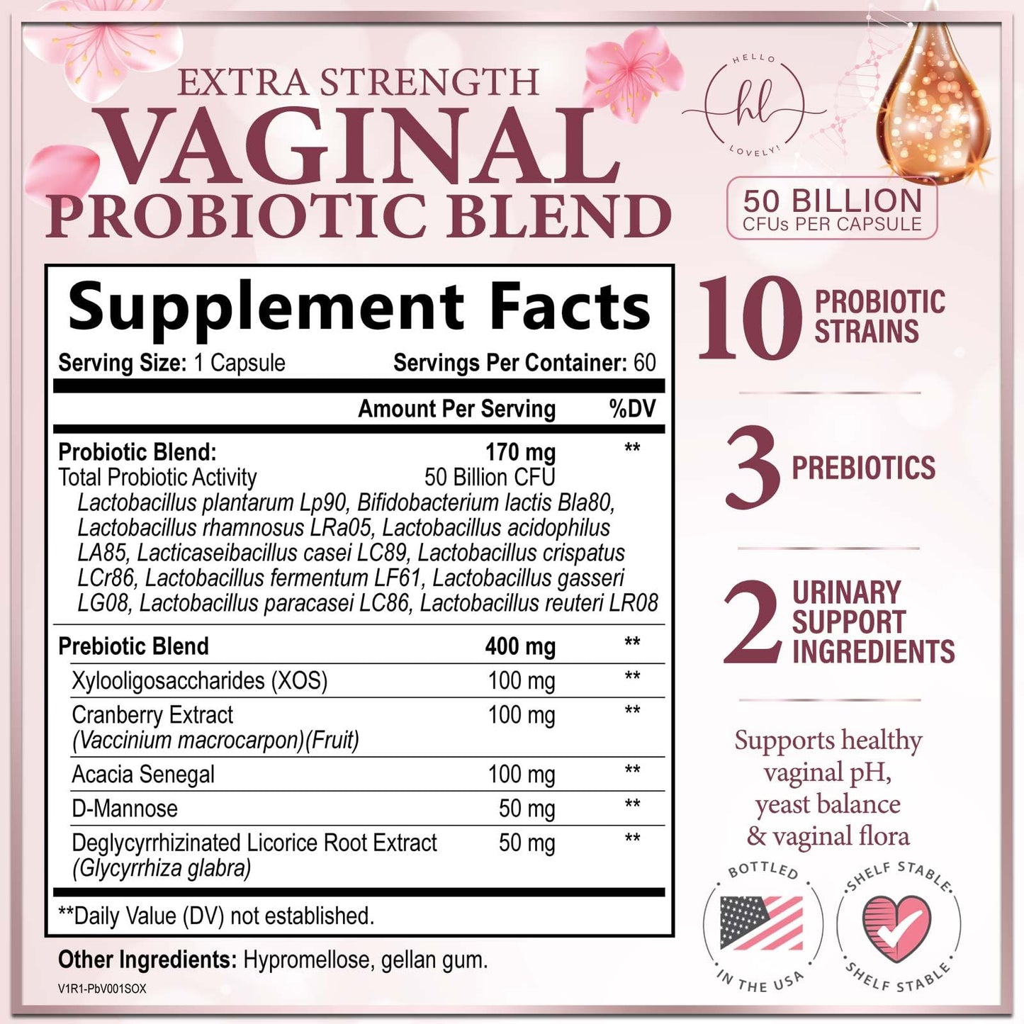 Vaginal Probiotics 50B CFU - 10 Strains with Cranberry & D-Mannose | Vaginal pH & Flora Balance - 60 Capsules