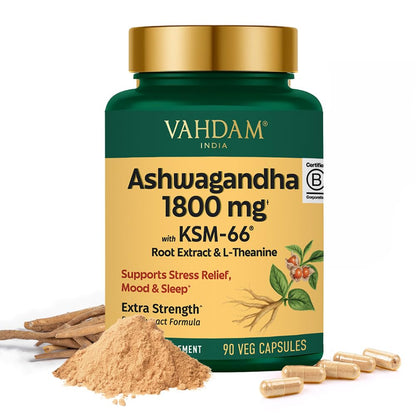 VAHDAM Ashwagandha 1800mg with L-Theanine | Stress Relief, Mood & Sleep | 90 Capsules
