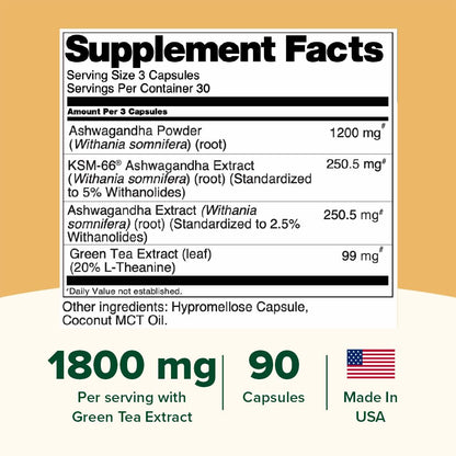 VAHDAM Ashwagandha 1800mg with L-Theanine | Stress Relief, Mood & Sleep | 90 Capsules