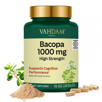 VAHDAM Bacopa Monnieri 1000mg Capsules – Cognitive Support, High Strength (90 Veg)