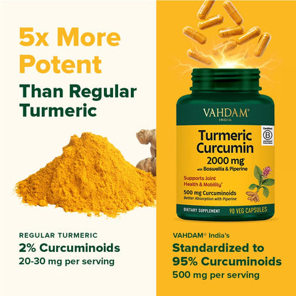 VAHDAM Turmeric Curcumin 2000mg with Boswellia and Piperine – 90 Capsules