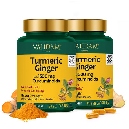 VAHDAM Turmeric Ginger 1900mg – 1500mg Curcuminoids, Black Pepper, 90 Capsules (Pack of 2)