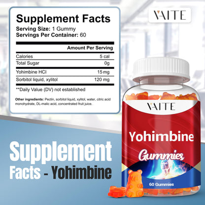 VAITE Yohimbine HCl Gummy 15mg – Sugar-Free, Non-GMO Energy & Endurance (60 Gummies)