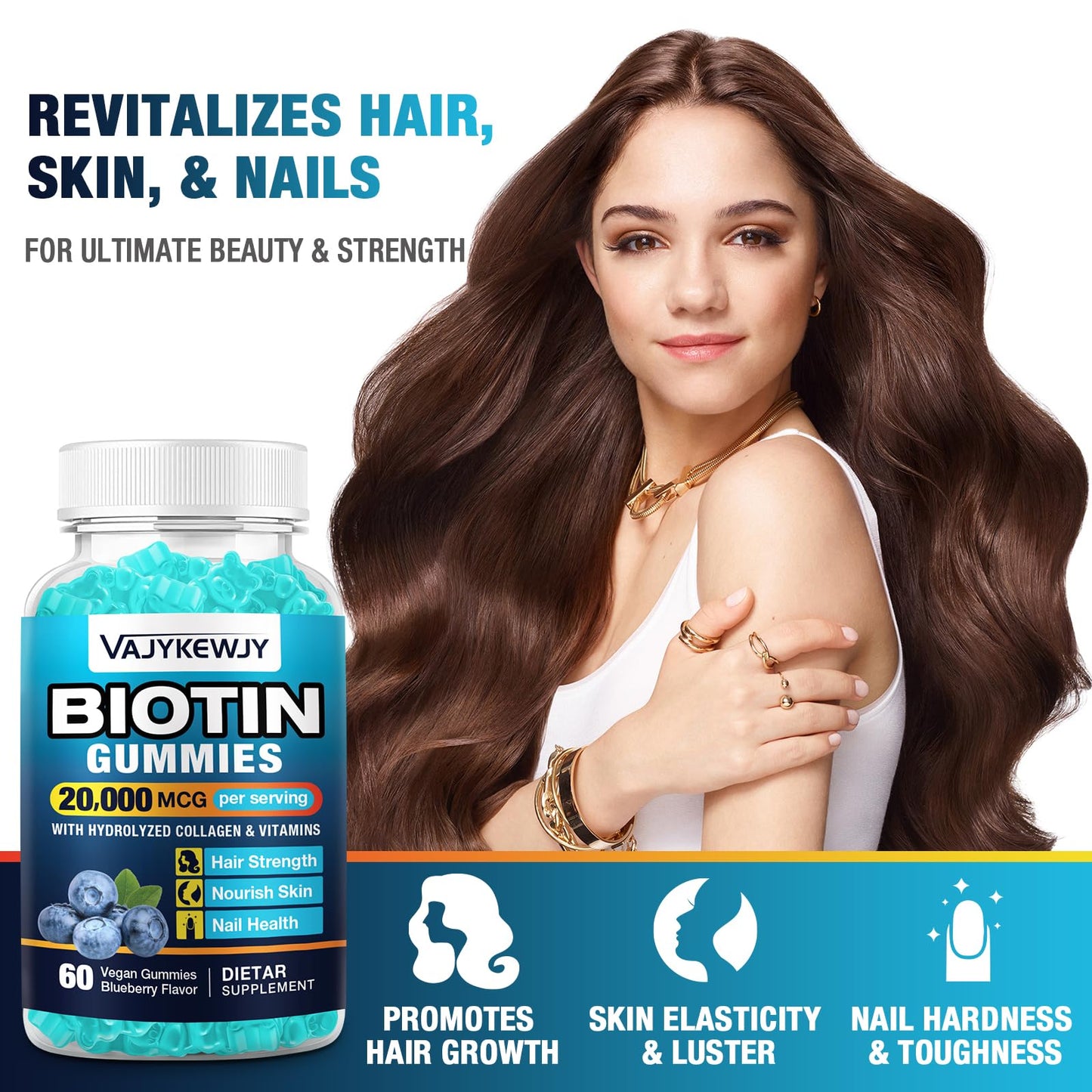 VAJYKEWJY 2 Pack Vegan Biotin Gummies – 20,000 mcg per Serving, Hair Skin Nails | 120 Gummies