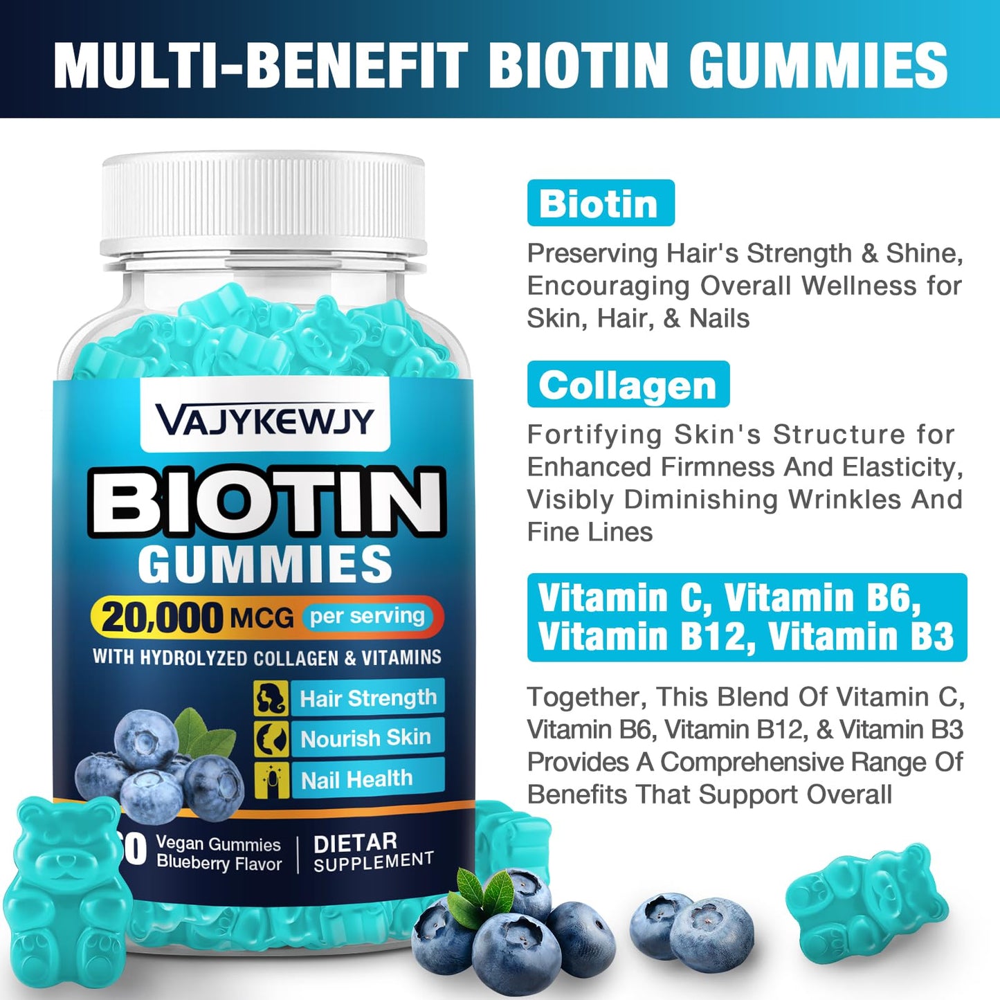 VAJYKEWJY Vegan Biotin Gummies – 20,000 mcg per Serving | Hair, Skin & Nails