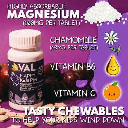 VAL Kids PM Magnesium Gummies | Sugar-Free Sleep & Calm for Kids 4+ | Grape Flavor | Magnesium Glycinate, Citrate & Taurate + Chamomile | 60 Count