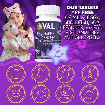 VAL Kids PM Magnesium Gummies | Sugar-Free Sleep & Calm for Kids 4+ | Grape Flavor | Magnesium Glycinate, Citrate & Taurate + Chamomile | 60 Count